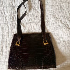 Salvatore Ferragamo Dark Brown Crocodile Shoulder Bag